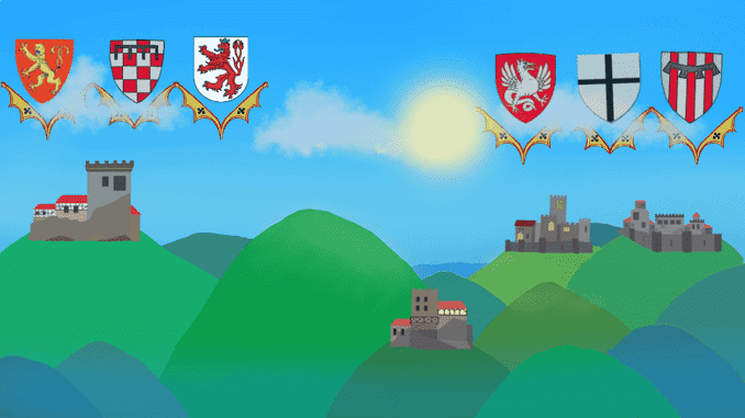 Wappen: saynischer und bergischer Löwe, Drachenfels und Wolkenburg